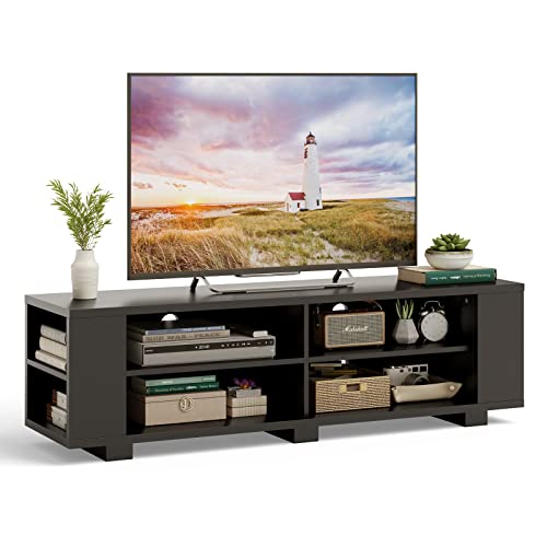 KOMFOTTEU TV-Schrank für Fernseher bis zu 65 Zoll, Lowboard mit verstellbaren Regalen, Fernsehschrank aus Holz mit 4 offenen Fächern, Fernsehtisch 150 x 39 x 45 cm (Schwarz) von KOMFOTTEU