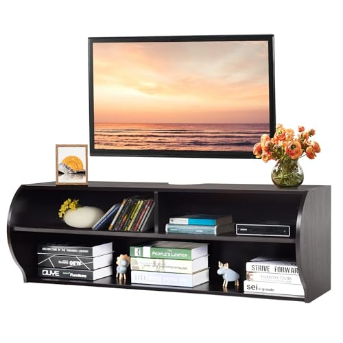 KOMFOTTEU TV Schrank mit 2 offenen Regalen & Kabellöcher, TV Ständer aus P2 & MDF, wandmontierter Fernsehschrank für Büro Schlafzimmer Wohnzimmer, 123 x 41 x 41cm(L x B x H) (Walnussfarbe) von KOMFOTTEU