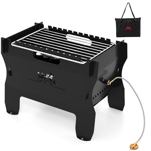 KOMFOTTEU Tragbarer 2-in-1-Grill mit Tragetasche, Holzkohlegrill Gasgrill aus Edelstahl, Feuerstelle klein für BBQ, Picknick, Partys, Schwarz von KOMFOTTEU