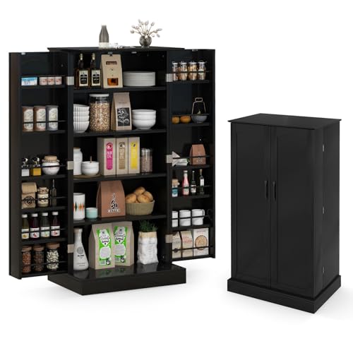 KOMFOTTEU Vorratsschrank mit Doppeltür, Aufbewahrungsschrank mit verstellbaren Einlegeböden, Mehrzweckschrank Süßigkeitenschrank, Küchenanrichte für Esszimmer, 60x40x120 cm (Schwarz) von KOMFOTTEU