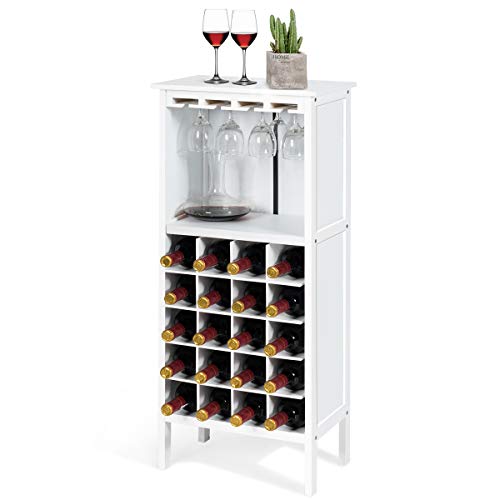 KOMFOTTEU Weinschrank, Weinständer mit 20 Flaschen & 4 Reihen Weinglashalter, Flaschenständer stehend 42 x 25 x 96 cm, Weinregal Holz für Küche, Esszimmer, Bar (Weiß) von KOMFOTTEU
