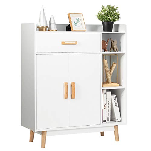 KOMFOTTEU Wohnzimmerschrank Mehryweckschrank Weiß, Aufbewahrungsschrank mit Doppeltür Schublade, Beistellschrank mit 3 Einlegeböden, Kommode Sideboard 80x30x95 cm von KOMFOTTEU