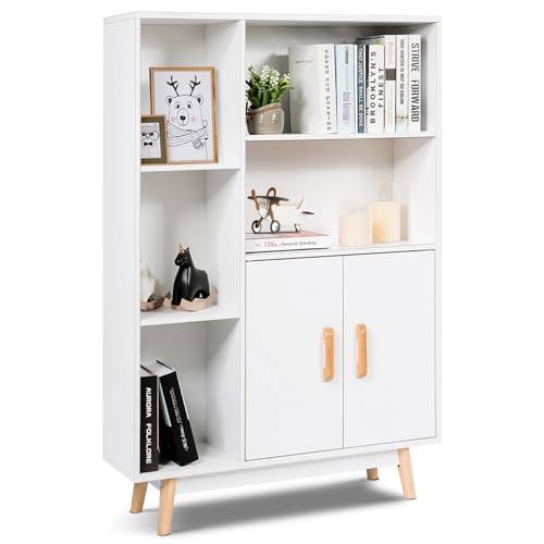 KOMFOTTEU Bücherschrank Holz, Mehrzweckschrank mit 2 Türen & 4 offene Regale, Beistellschrank mit Kippschutz, Bücherregal 80 x 24 x 119,5 cm, Schrank für Arbeitszimmer, Büro (Weiß) von KOMFOTTEU