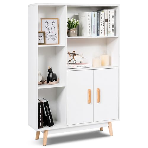 KOMFOTTEU Wohnzimmerschrank mit 2 Türen & 5 Fächern, Beistellschrank Bücherschrank Weiß, Kommode Sideboard Holz, Standregal Mehrzweckschrank 80x24x119cm von KOMFOTTEU