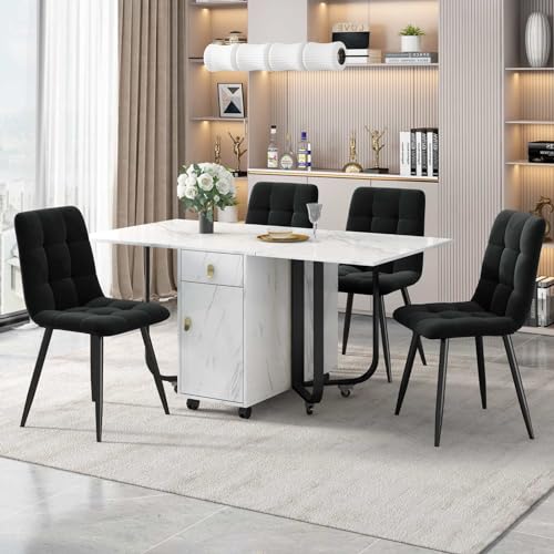 KOMHTOM 4 Schwarze Samtstühle mit weißem Tisch, modernes vielseitiges Esstisch und Stühle Set mit ausziehbarem esszimmertisch für Esszimmer Wohnzimmer (Schwarze Tischbeine + schwarz) von KOMHTOM
