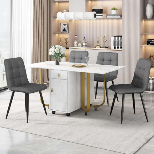 KOMHTOM 4 graue Leinenstühle mit weißem Tisch, modernes vielseitiges Esstisch und Stühle Set mit ausziehbarem esszimmertisch für Esszimmer Wohnzimmer (Weiß+Grau+Leinen) von KOMHTOM