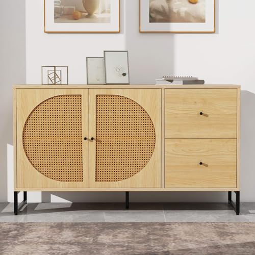 KOMHTOM Aufbewahrungsschrank Rattan Sideboard mit Zwei Türen und Zwei Schubladen, Moderne Retro Kommode Mehrzweckschrank für Wohnzimmer Schlafzimmer Esszimmer (Holzfarbe) von KOMHTOM