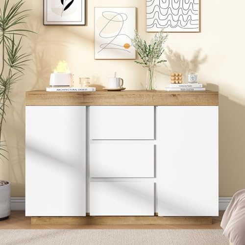 KOMHTOM Aufbewahrungsschrank mit Schubladen und Zwei Türen Mehrzweckschrank, weiß modernes Sideboard Kommode für Wohnzimmer Schlafzimmer Esszimmer (A) von KOMHTOM
