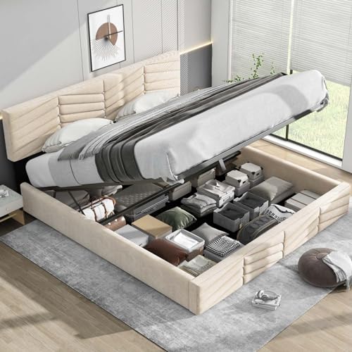 KOMHTOM Bett mit Bettkasten, 160 x 200 cm mit höhenverstellbarem Kopf, hydraulisch, gepolsterter Doppelbettrahmen mit Unterbettaufbewahrung, Lattenrost aus Holz (ohne Matratze) (Beige, 160 x 200 cm) von KOMHTOM