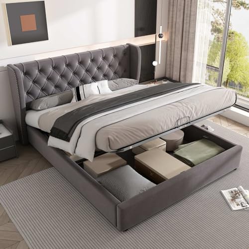 KOMHTOM Bett mit Stauraum, gepolstertes Doppelbett mit Kopfteil, für Erwachsene mit Lattenrost, Bettgestell (ohne Matratze) (Grau, 140 x 200 cm), SS28985960AAH von KOMHTOM