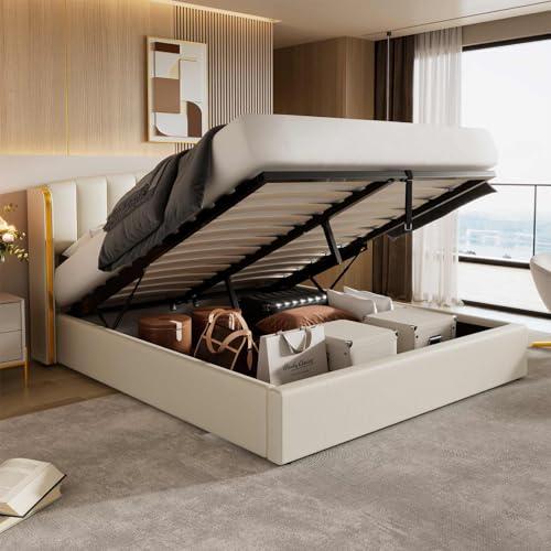 KOMHTOM Doppelbett, gepolstert, mit Lattenrost aus Holz, Bettkasten mit Stauraum unter dem Bett, Plattform-Bettrahmen (ohne Matratze) (Creme, 140 x 200 cm) von KOMHTOM