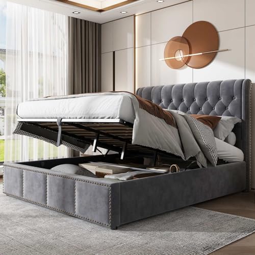 KOMHTOM Gepolstertes Bett mit Aufbewahrung unter Bett, Doppelbett mit Lattenrost aus Holz und Kopfteil, Bettrahmen, für Erwachsene, Jugendliche (ohne Matratze) (Grau, 140 x 200 cm) von KOMHTOM