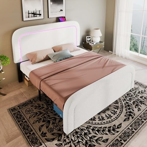 KOMHTOM Gepolstertes Bett mit Lattenrost aus Holz, LED-Bett mit höhenverstellbarem Kopfteil, Plattform-Bettrahmen, Weiß (ohne Matratze) (A, 140 x 200 cm) von KOMHTOM