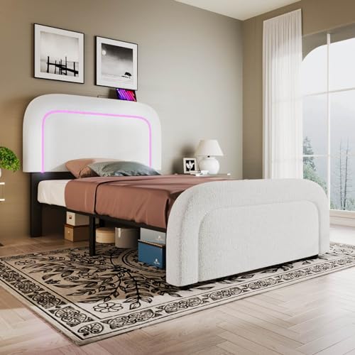 KOMHTOM Gepolstertes Bett mit Lattenrost aus Holz, LED-Bett mit höhenverstellbarem Kopfteil, Plattform-Bettrahmen, Weiß (ohne Matratze) (A, 90 x 200 cm) von KOMHTOM