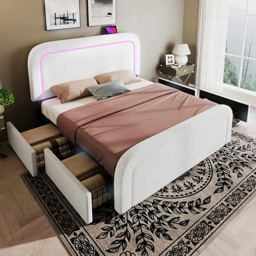 KOMHTOM Gepolstertes Bett mit Lattenrost aus Holz, LED-Bett mit höhenverstellbarem Kopfteil, Plattform-Bettrahmen, Weiß (ohne Matratze) (B, 140 x 200 cm) von KOMHTOM