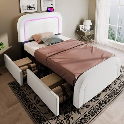KOMHTOM Gepolstertes Bett mit Lattenrost aus Holz, LED-Bett mit höhenverstellbarem Kopfteil, Plattform-Bettrahmen, Weiß (ohne Matratze) (B, 90 x 200 cm) von KOMHTOM