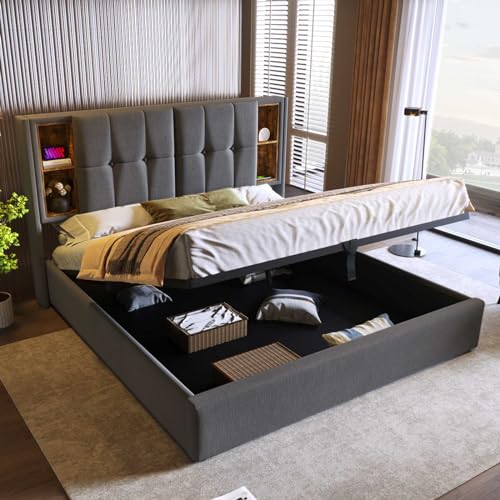 KOMHTOM Gepolstertes Bett mit kabellosem Laden USB C, Bett mit Stauraum unter dem Bett, Kopfteil mit Aufbewahrungsfach, Lattenrost (ohne Matratze) (Grau, 180 x 200 cm) von KOMHTOM