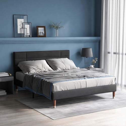 KOMHTOM Gepolstertes Doppelbett mit Kopfteil, Plattform-Bettgestell mit Lattenrost aus Holz, für Erwachsene, Jugendliche (ohne Matratze, 140 x 200 cm) (grau), WF196944AAB von KOMHTOM