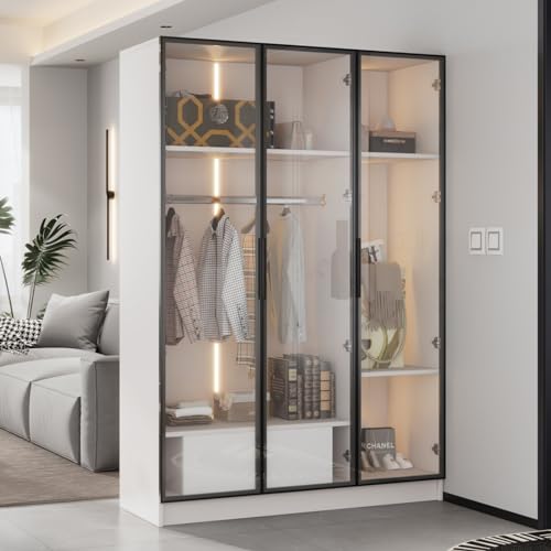 KOMHTOM Geräumiger weißer Kleiderschrank mit DREI Klarglastüren, modernes Sideboard mit LED Aufbewahrungsschrank mit Schubladen, Mehrzweckschrank für Schlafzimmer Arbeitszimmer Flur von KOMHTOM