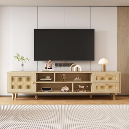 KOMHTOM Holzfarbener Rattan TV Schrank Sideboard, Aufbewahrungsschrank Fernseher Tisch mit Schubladen und offenen Fächern, Mehrzweckschrank für Wohn- und Schlafzimmer von KOMHTOM