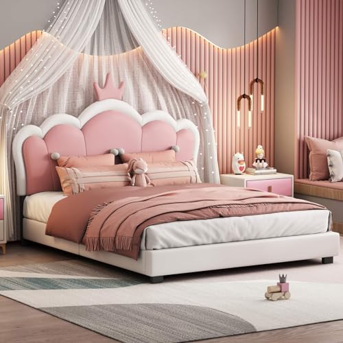 KOMHTOM Kinderbett, gepolstert, mit Kopfteil, Plattform-Bettrahmen mit Lattenrost aus Holz, niedlich, Prinzessin, weiß + rosa (ohne Matratze) (140 x 200 cm) von KOMHTOM