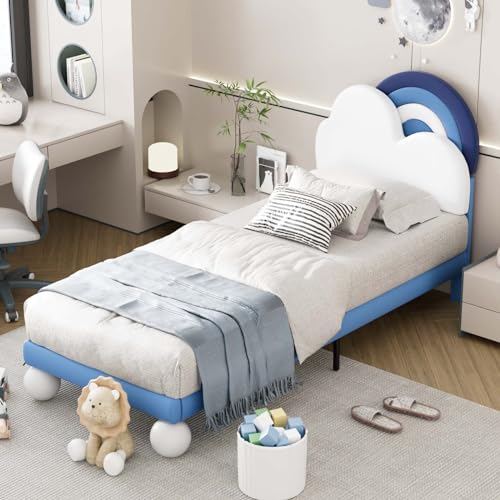 KOMHTOM Kinderbett, gepolstertes Einzelbett mit höhenverstellbarem Kopfteil, Plattform-Bettrahmen mit Lattenrost aus Holz (ohne Matratze) (Blau, 90 x 200 cm) von KOMHTOM