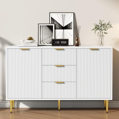 KOMHTOM Kommode Weißes Sideboard mit Zwei Türen und DREI Schubladen, Aufbewahrungsschrank mit goldenen Beinen und Griffen Mehrzweckschrank für Wohnzimmer Schlafzimmer Esszimmer (A) von KOMHTOM