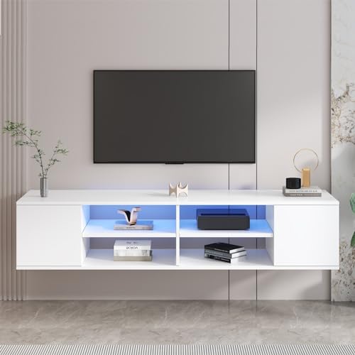 KOMHTOM LED weiß Hochglanz TV Schrank Sideboard, Fernseher Tisch aufhängbarer TV-Ständer mit sechs offenen Ablagefächern für Wohn- und Schlafzimmer (B) von KOMHTOM