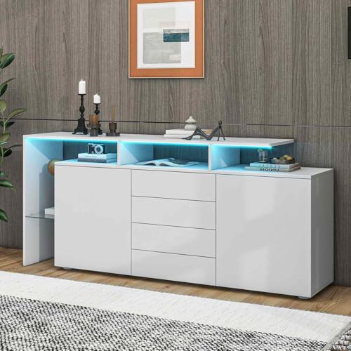 KOMHTOM Moderner weißer TV Schrank, Aufbewahrungsschrank Sideboard mit DREI Schubladen und Zwei Türen, Mehrzweckschrank für Wohnzimmer Schlafzimmer (Nicht auf Lager, Bitte Nicht bestellen.) von KOMHTOM