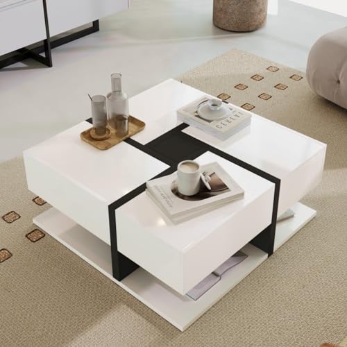 KOMHTOM Moderner weißer quadratischer Couchtisch. Beistelltisch mit Vier Schubladen und offenem Staufach, Sofatisch für Wohnzimmer Schlafzimmer (Weiß+Schwarz) von KOMHTOM