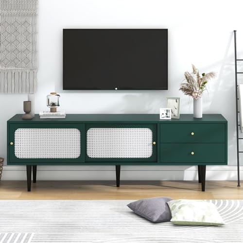 KOMHTOM Rattan TV Schrank Sideboard, TV Ständer Aufbewahrungsschrank mit Zwei Schubladen und Zwei Rattan Schiebetüren, Mehrzweckschrank für Wohnzimmer Schlafzimmer (Grün) von KOMHTOM