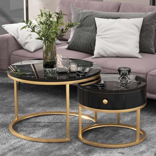 KOMHTOM Runder 2er Set schwarzer Couchtisch Beistelltisch, Wohnzimmertisch mit Stauraum, Kaffeetisch für Wohnzimmer Schlafzimmer Balkon (A) von KOMHTOM