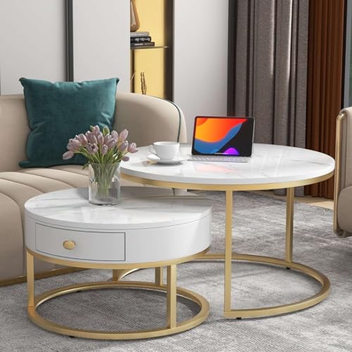 KOMHTOM Runder 2er Set weißer Couchtisch Beistelltisch, Wohnzimmertisch mit Stauraum, Kaffeetisch für Wohnzimmer Schlafzimmer Balkon (B) von KOMHTOM