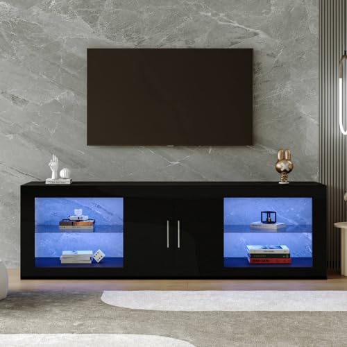 KOMHTOM Schwarz TV-Schrank Sideboard mit LED-Leuchten, Fernsehschrank mit Zwei Türen und Glaseinlegeböden Moderner Lowboard Fernseher Tisch (A, Schwarz) von KOMHTOM