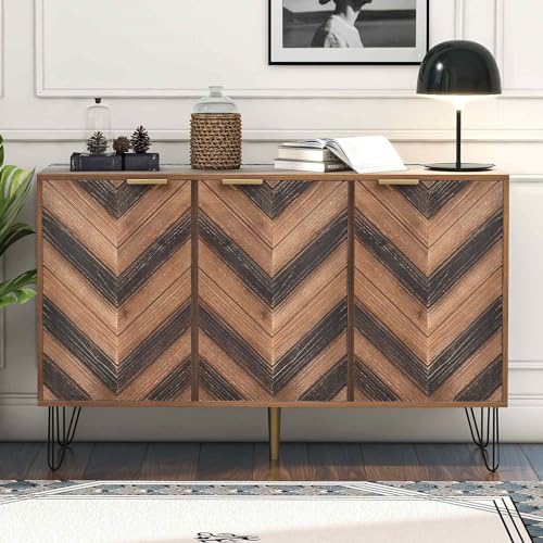 KOMHTOM Sideboard Anrichte mit Holzmaserung Aufbewahrungsschrank mit 3 Türen, Mehrzweckschrank für Wohnzimmer Esszimmer Schlafzimmer und Flur (D) von KOMHTOM