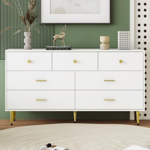 KOMHTOM Sideboard Aufbewahrungsschrank mit Sieben Schubladen, Moderne weiße Kommode Mehrzweckschrank für Wohnzimmer Schlafzimmer Esszimmer (A) von KOMHTOM