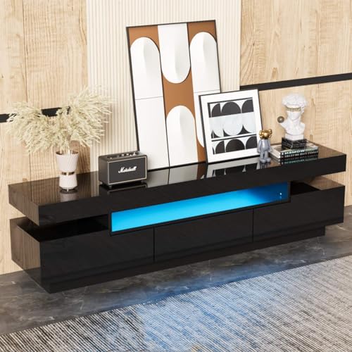 KOMHTOM Sideboard Hochglanz TV Schrank mit Zwei Schranktüren und Einer Schublade, moderner schwarzer TV Ständer Fernsehschrank für Wohnzimmer Schlafzimmer (A) von KOMHTOM
