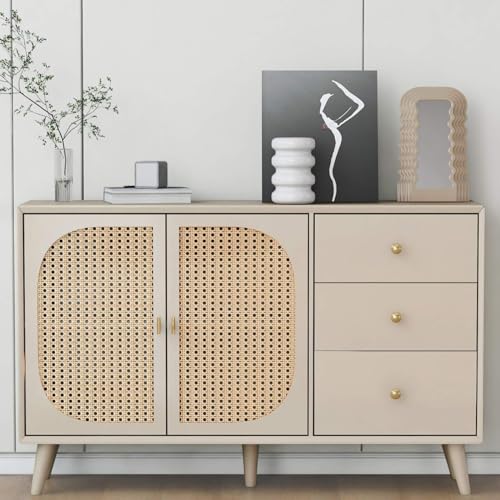 KOMHTOM Sideboard Kommode in Beige, Mehrzweckschrank mit Rattantüren, Anrichte mit 2 Türen und 3 Schubladen für Wohnzimmer Schlafzimmer und Diele von KOMHTOM