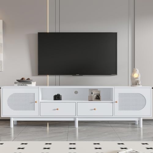 KOMHTOM Sideboard Weißer TV Schrank mit Zwei Türen und Zwei Schubladen, Modern Rattan Fernseher Tisch Aufbewahrungsschrank für Schlafzimmer Wohnzimmer von KOMHTOM