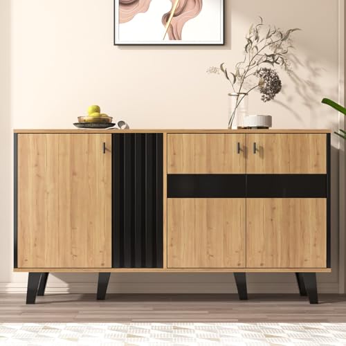KOMHTOM Sideboard in Holz und Schwarz, Aufbewahrungsschrank mit sechs Fächern, Vitrine mit LED und Glasverkleidung, Multifunktionsschrank für Wohn- und Schlafzimmer 140 x 78 x 41cm(B) von KOMHTOM
