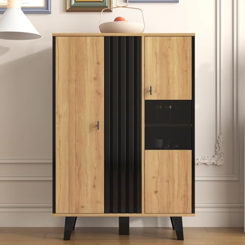 KOMHTOM Sideboard in Schwarz und Holz, Sideboard mit 4 großen Ablagefächern, Vitrine mit Glas und LED-Leuchten, Mehrzweckschrank für Wohnzimmer Schlafzimmer Flur und Esszimmer. (A) von KOMHTOM