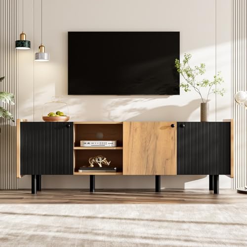 KOMHTOM Sideboard in Schwarz und Holz, Sideboard mit 4 großen Ablagefächern, Vitrine mit Glas und LED-Leuchten, Mehrzweckschrank für Wohnzimmer Schlafzimmer Flur und Esszimmer. (E) von KOMHTOM