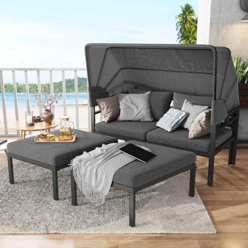 KOMHTOM Sonneninsel Loungemöbel mit Markise in grau, Gartenmöbel Terrassenmöbel mit gepolstertem Sitz für Vier Personen (Grau) von KOMHTOM