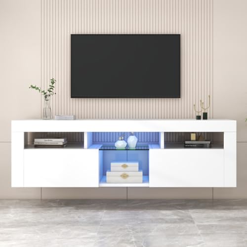 KOMHTOM TV Schrank Sideboard mit LED in weiß, TV-Ständer mit Zwei Schranktüren und Vier offenen Ablagefächern Haushaltsschrank für Wohnzimmer Schlafzimmer (A) von KOMHTOM