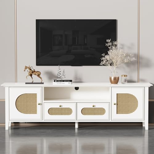 KOMHTOM TV Schrank Sideboard mit Schubladen und Zwei Schranktüren, weiß Rattan Aufbewahrungsschrank Mehrzweckschrank für Wohnzimmer Schlafzimmer (C) von KOMHTOM