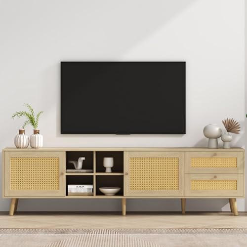 KOMHTOM TV Schrank Sideboard mit offenem Staufach Zwei Türen und Schubladen, einfacher natürlicher Stil Fernseher Tisch Fernsehschrank für Schlafzimmer Wohnzimmer von KOMHTOM