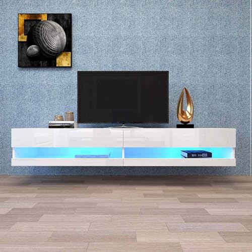 KOMHTOM TV Schrank TV-Wandschrank mit LED in Weiß/Grau, Sideboard Fernsehschrank mit Zwei offenen Ablagefächern geeignet für Wohnzimmer Schlafzimmer (Weiß) von KOMHTOM