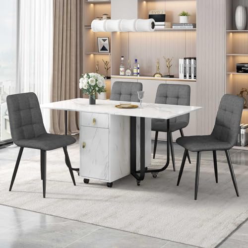 KOMHTOM Vier graue Leinenstühle mit weißem Tisch, modernes vielseitiges Esstisch und Stühle Set mit ausziehbarem esszimmertisch für Esszimmer Küche Wohnzimmer (Schwarze Tischbeine + Grau+Leinen) von KOMHTOM