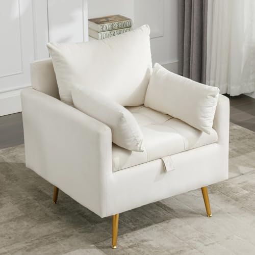 KOMHTOM Weiß/grau/grüner moderner Sessel Sofa mit Kissen, Loungesessel Stuhl mit Stauraum, Lesesessel für Wohnzimmer Schlafzimmer Balkon (Weiß) von KOMHTOM