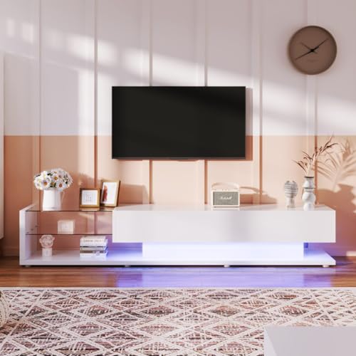 KOMHTOM Weißer TV Schrank mit Schubladen, Sideboard TV Ständer mit LED und Glasböden, Fernsehschrank für Wohnzimmer Schlafzimmer (Weiß) von KOMHTOM